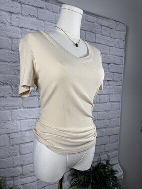 PrettyGarden Cream Ribbed V-Neck Short Sleeve Tee M Fitted Stretch Basic Top